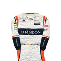 Fernando Alonso 2017 McLaren F1 race suit in white with black and orange accents design featuring Chandon sponsor