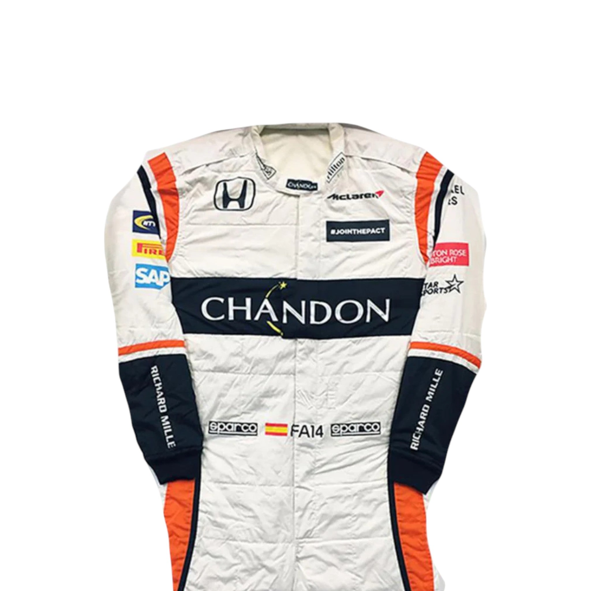 Fernando Alonso 2017 McLaren F1 race suit in white with black and orange accents design featuring Chandon sponsor
