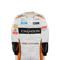 Fernando Alonso 2018 McLaren F1 race suit in white with black and papaya orange accents featuring sponsor logos