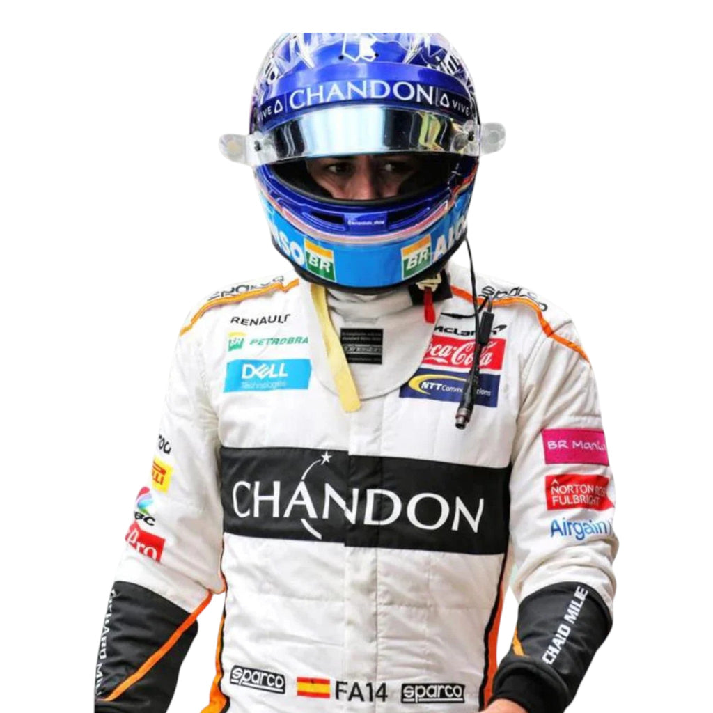 Fernando Alonso 2018 McLaren F1 race suit in white with black and papaya orange accents featuring sponsor logos