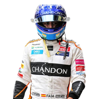 Fernando Alonso 2018 McLaren F1 race suit in white with black and papaya orange accents featuring sponsor logos