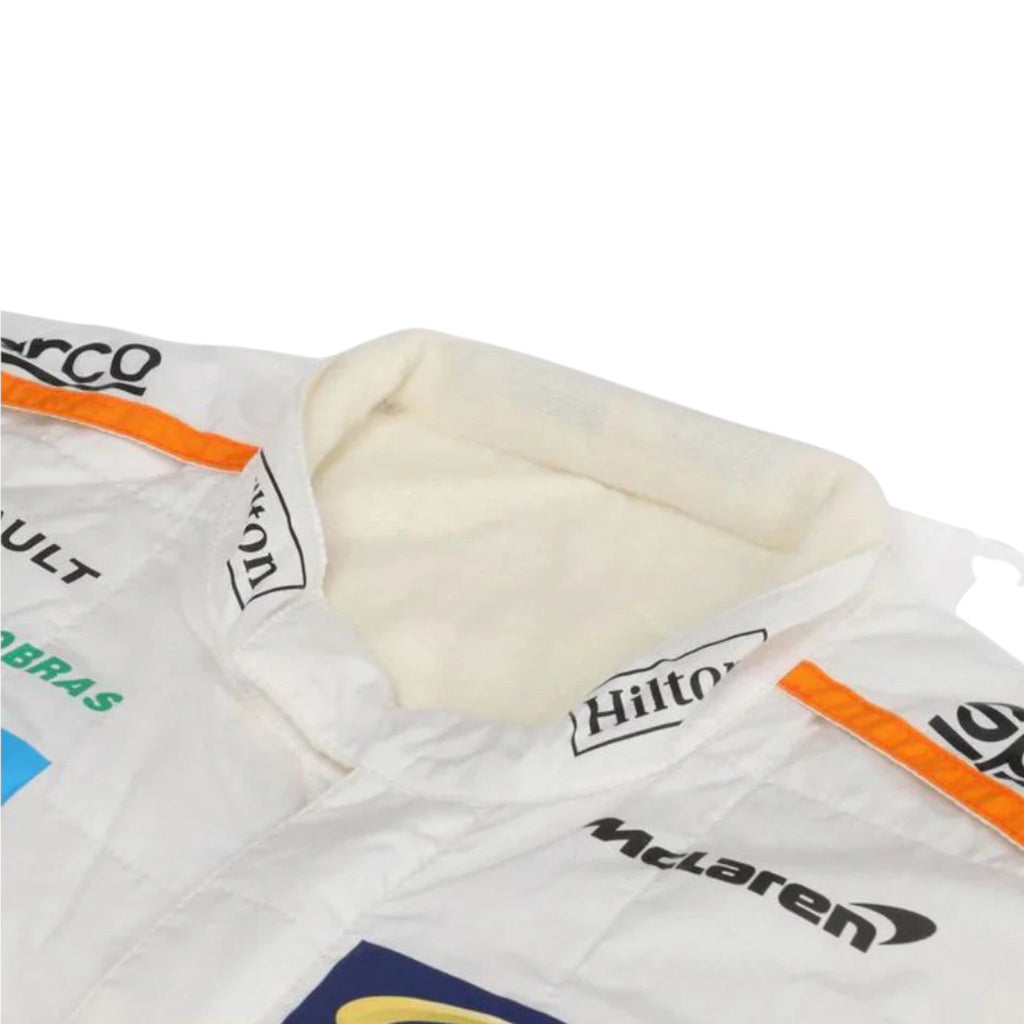 Fernando Alonso 2018 McLaren F1 race suit in white with black and papaya orange accents featuring sponsor logos