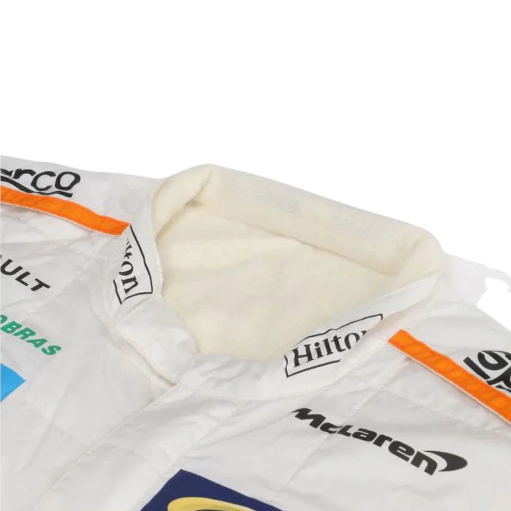 Fernando Alonso 2018 McLaren F1 race suit in white with black and papaya orange accents featuring sponsor logos