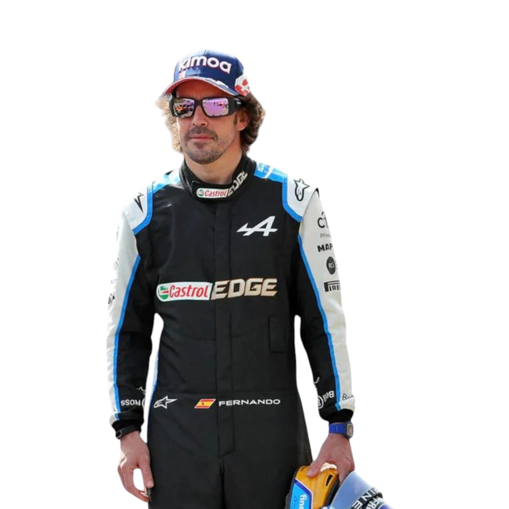 Fernando Alonso 2021 Alpine F1 race suit in black with blue and white accents and sponsor logos