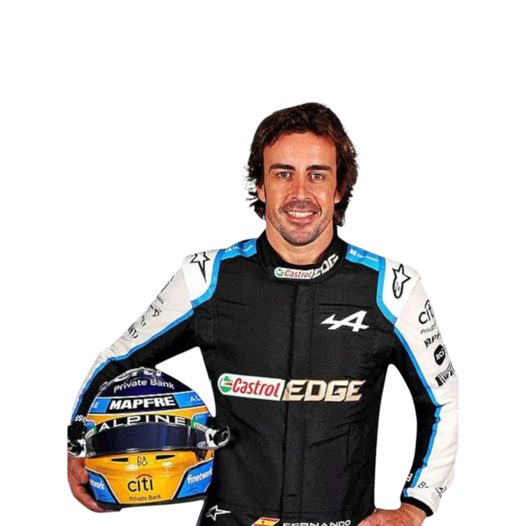 Fernando Alonso 2021 Alpine F1 race suit in black with blue and white accents and sponsor logos