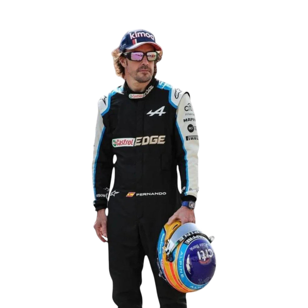 Fernando Alonso 2021 Alpine F1 race suit in black with blue and white accents and sponsor logos