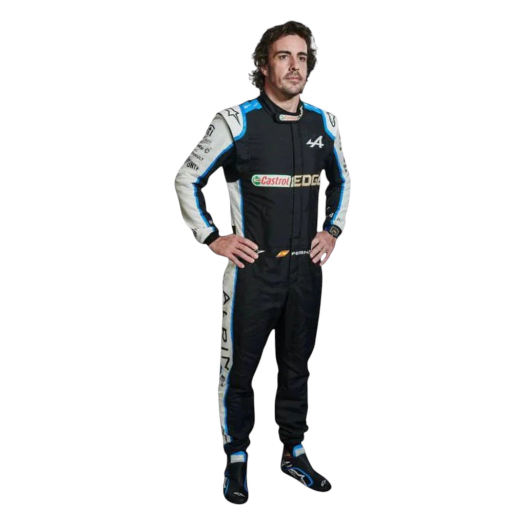 Fernando Alonso 2021 Alpine F1 race suit in black with blue and white accents and sponsor logos