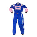 Fernando Alonso 2022 BWT Alpine F1 race suit in pink and blue with sponsor logos