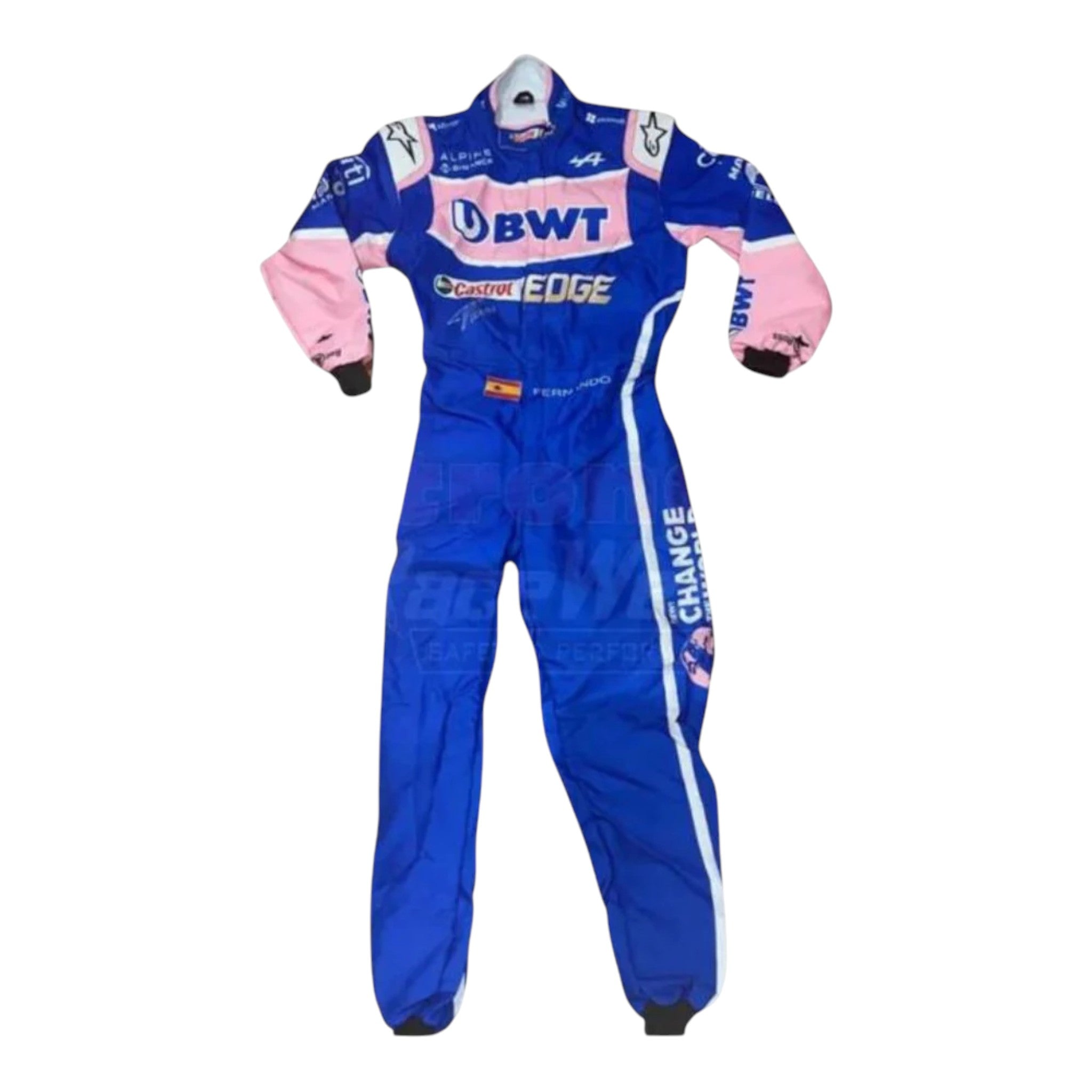Fernando Alonso 2022 BWT Alpine F1 race suit in pink and blue with sponsor logos