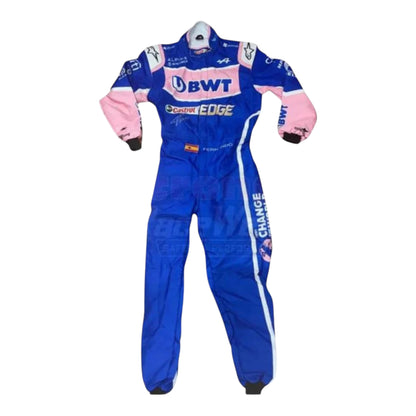 Fernando Alonso 2022 BWT Alpine F1 race suit in pink and blue with sponsor logos