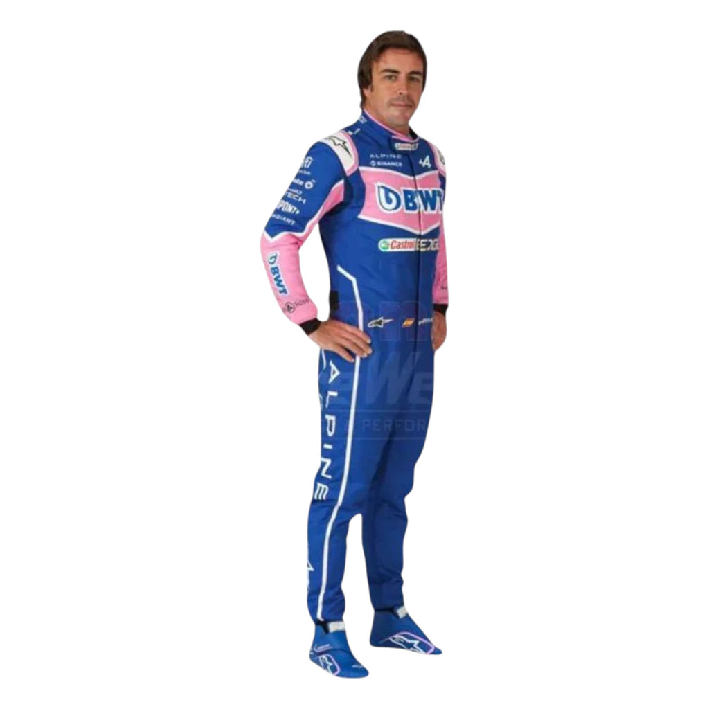 Fernando Alonso 2022 BWT Alpine F1 race suit in pink and blue with sponsor logos