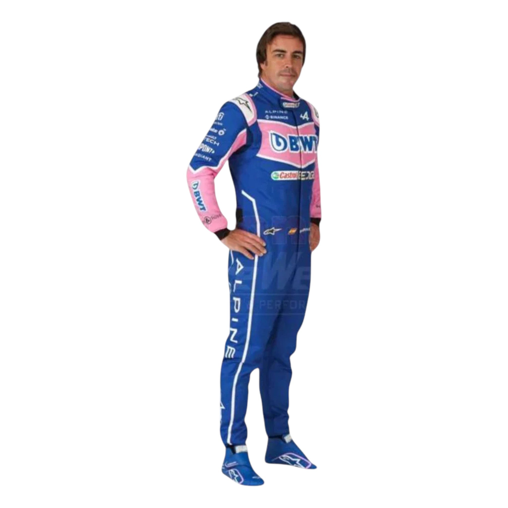 Fernando Alonso 2022 BWT Alpine F1 race suit in pink and blue with sponsor logos