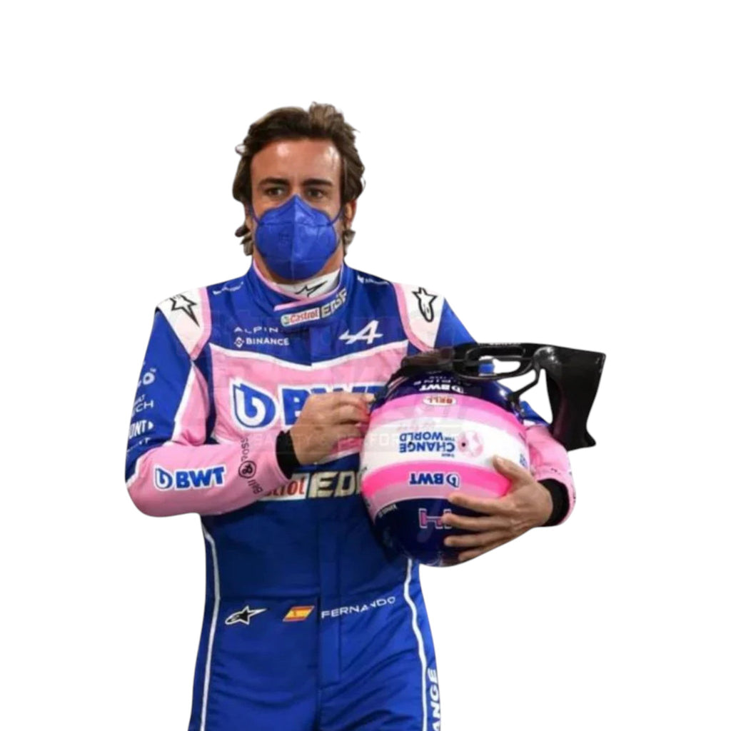 Fernando Alonso 2022 BWT Alpine F1 race suit in pink and blue with sponsor logos