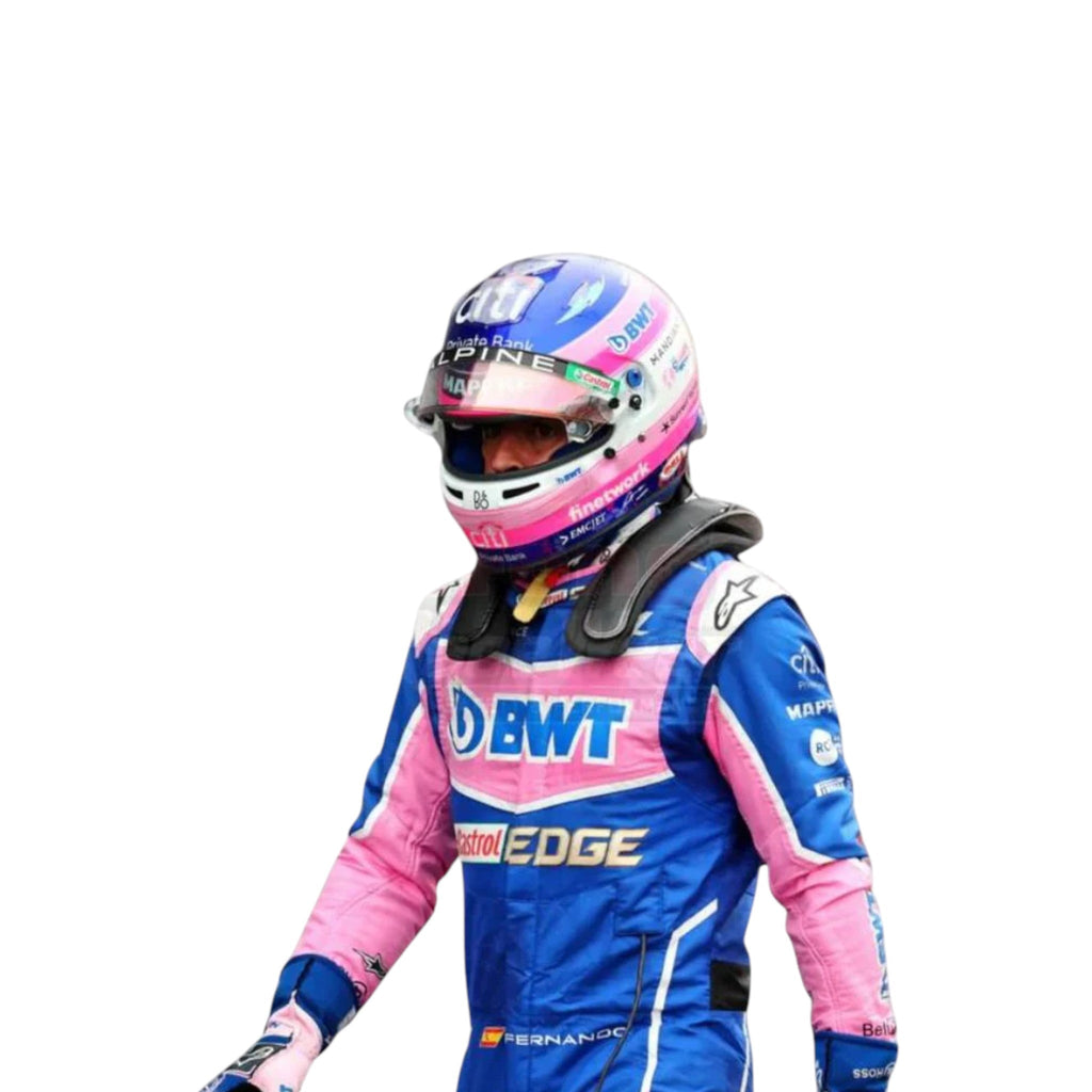 Fernando Alonso 2022 BWT Alpine F1 race suit in pink and blue with sponsor logos