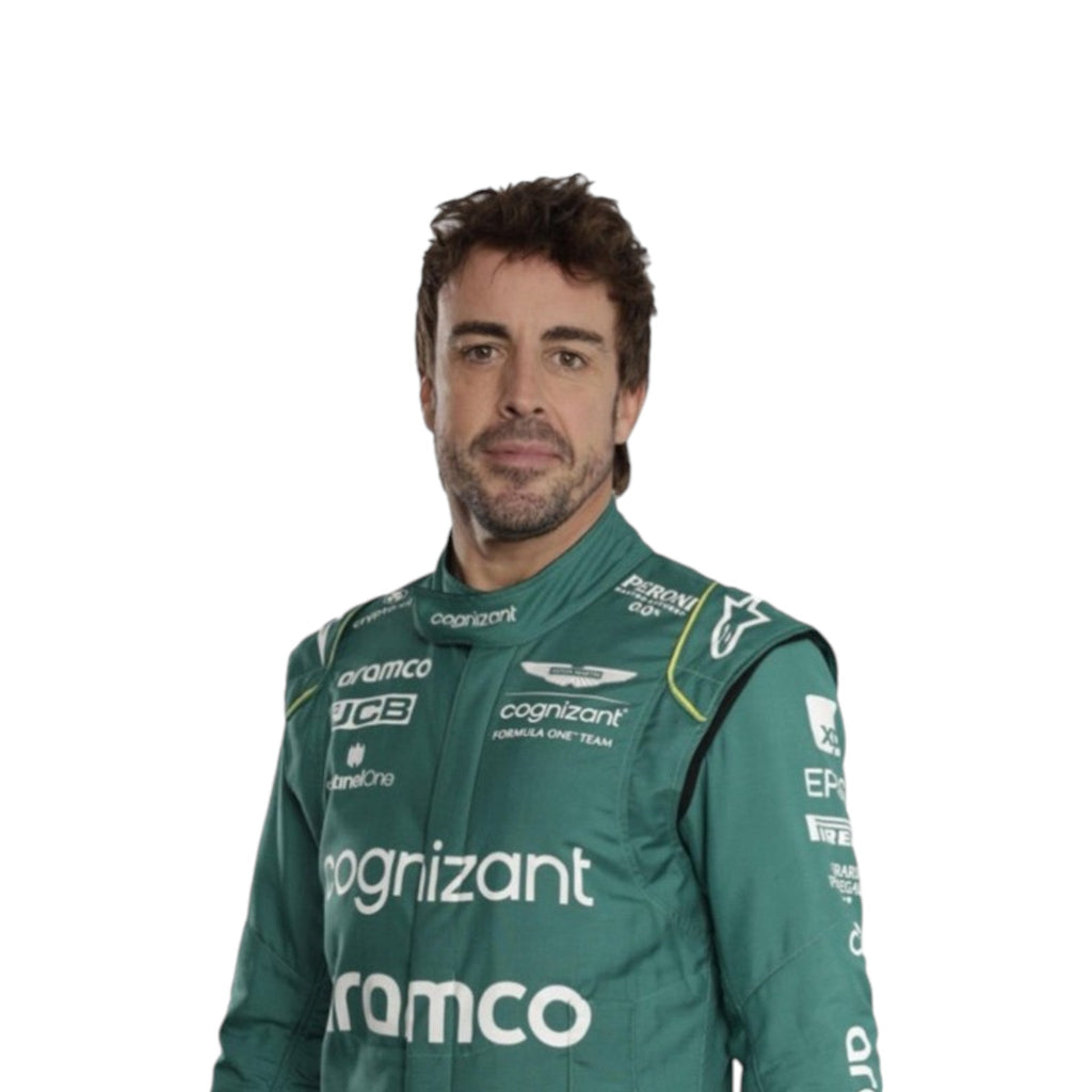Fernando Alonso 2023 Aston Martin F1 race suit in green with black accents and sponsor branding