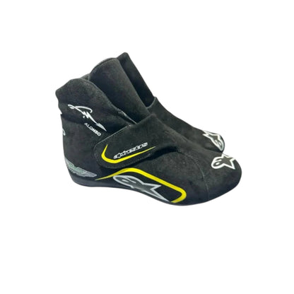 Fernando Alonso 2023 Aston Martin F1 racing shoes featuring Aston Martin branding and motorsport detailing