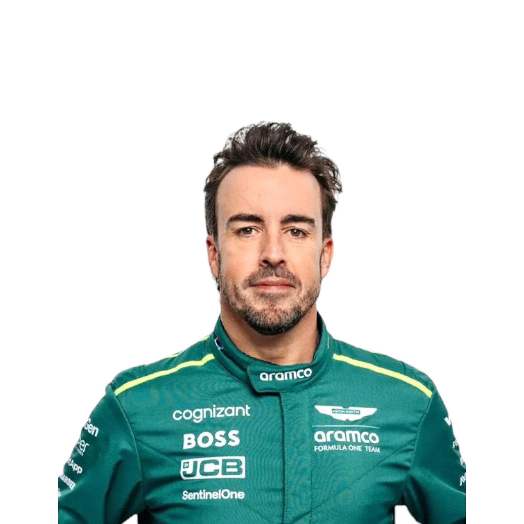Fernando Alonso 2024 Aston Martin F1 race suit in racing green with lime accents and detailed sponsor branding