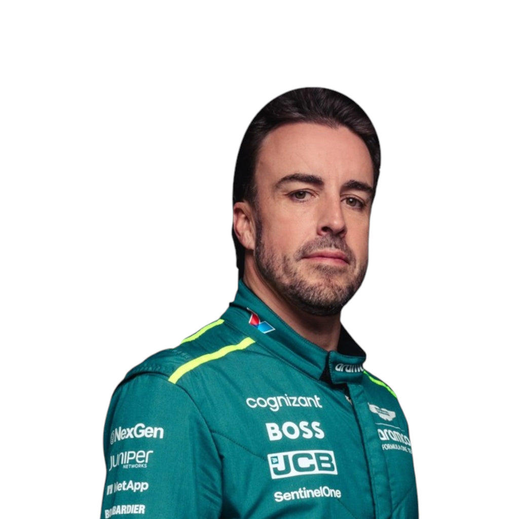 Fernando Alonso 2024 Aston Martin F1 race suit in racing green with lime accents and detailed sponsor branding