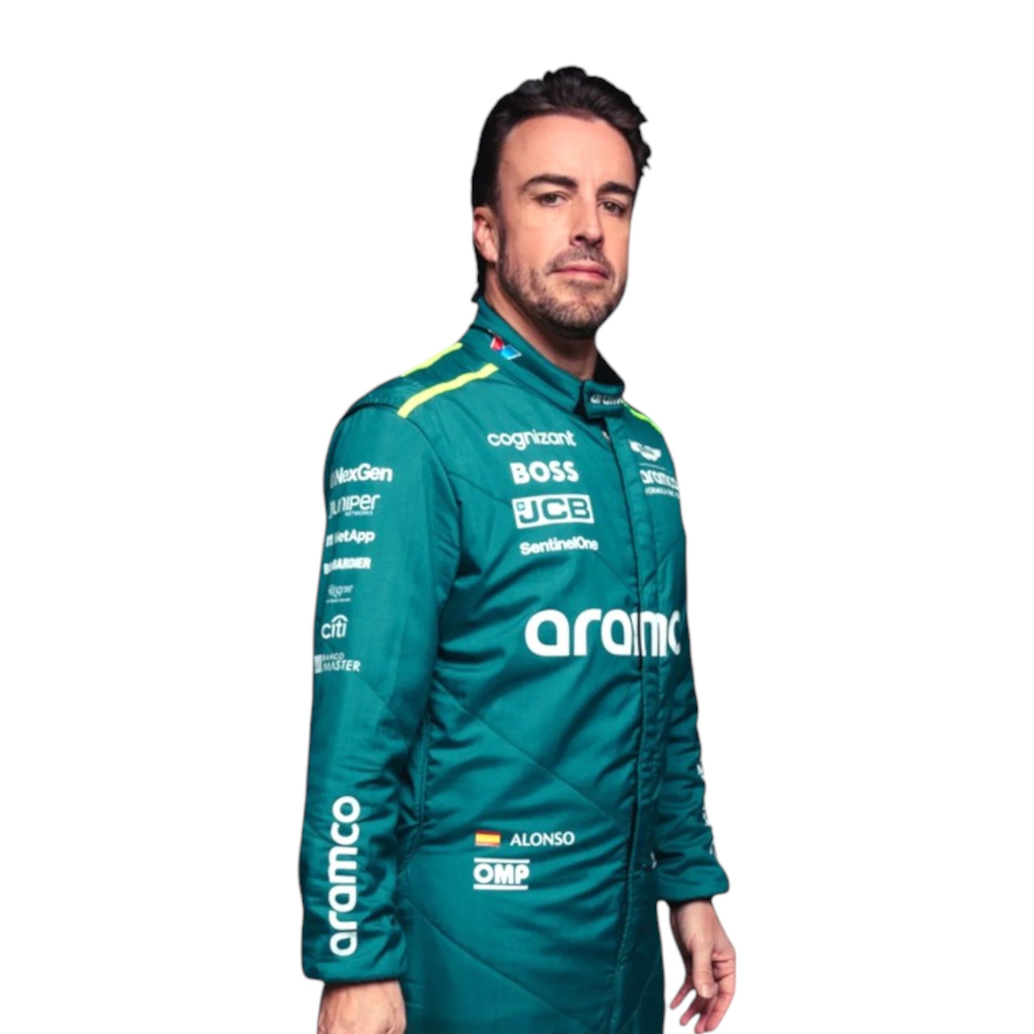 Fernando Alonso 2024 Aston Martin F1 race suit in racing green with lime accents and detailed sponsor branding