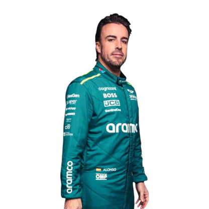 Fernando Alonso 2024 Aston Martin F1 race suit in racing green with lime accents and detailed sponsor branding
