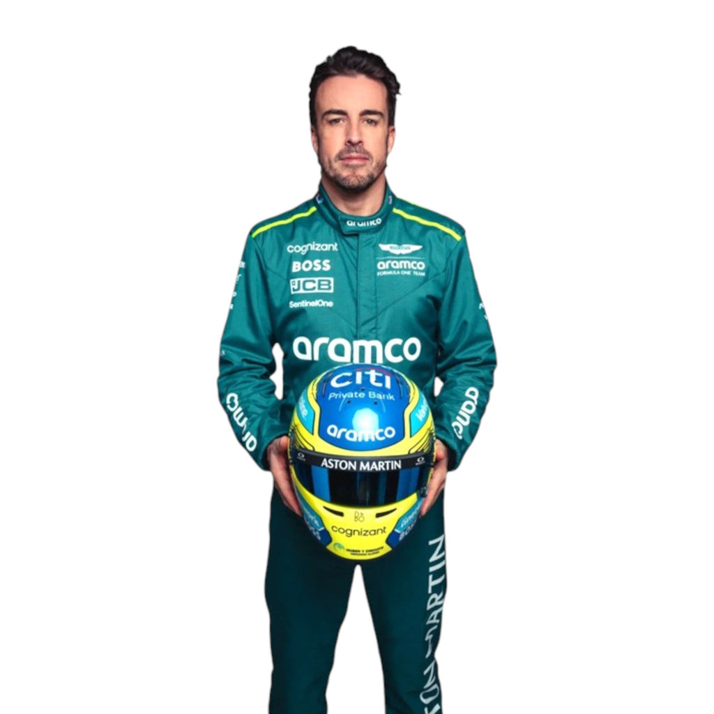Fernando Alonso 2024 Aston Martin F1 race suit in racing green with lime accents and detailed sponsor branding