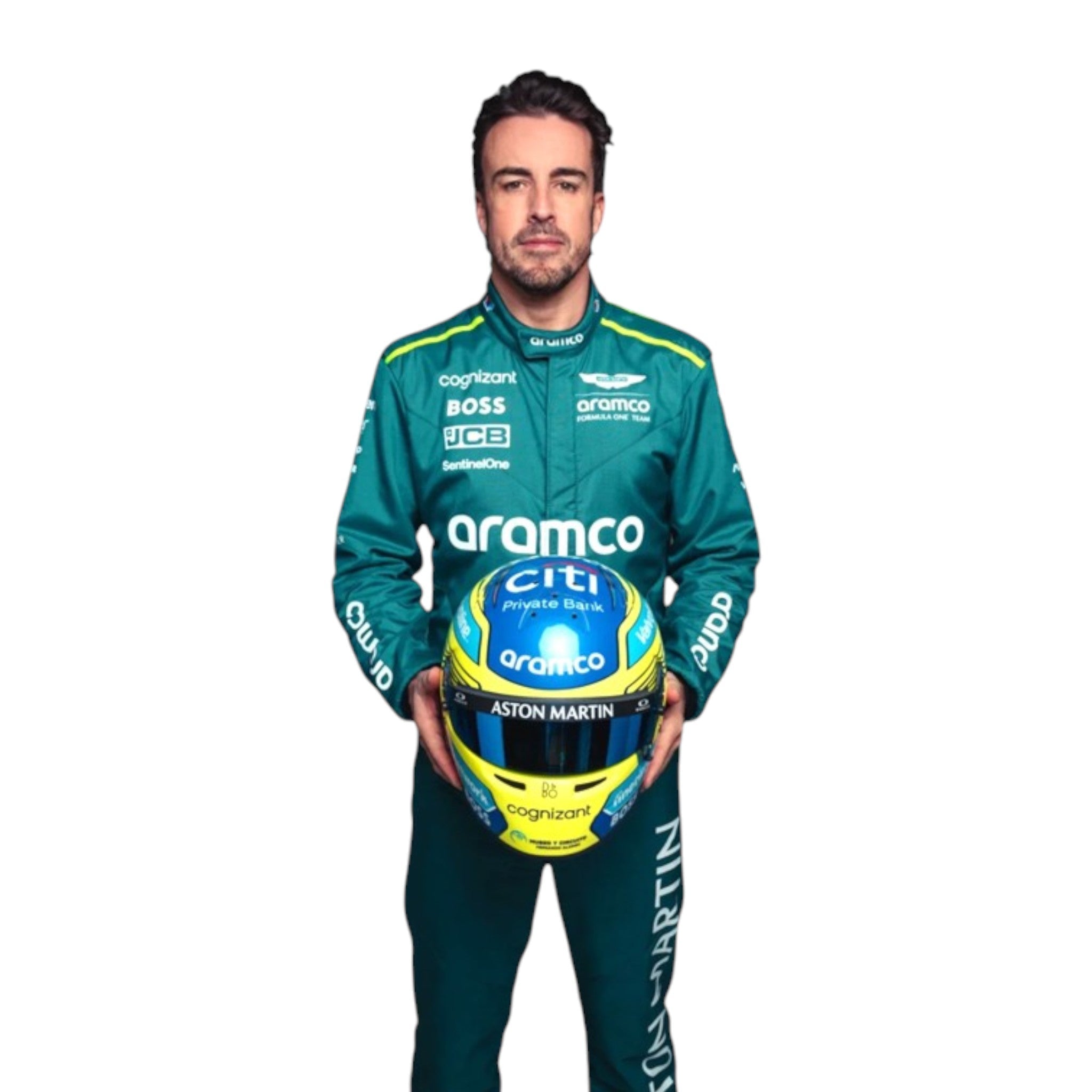 Fernando Alonso 2024 Aston Martin F1 race suit in racing green with lime accents and detailed sponsor branding