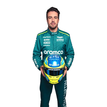 Fernando Alonso 2024 Aston Martin F1 race suit in racing green with lime accents and detailed sponsor branding