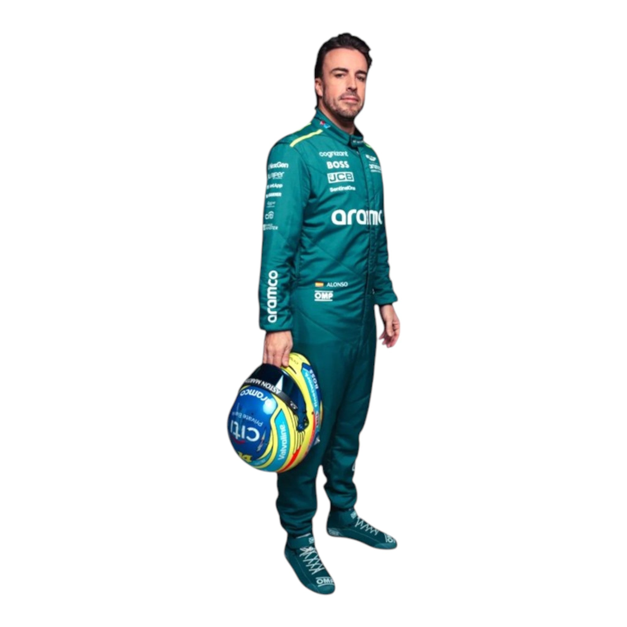 Fernando Alonso 2024 Aston Martin F1 race suit in racing green with lime accents and detailed sponsor branding