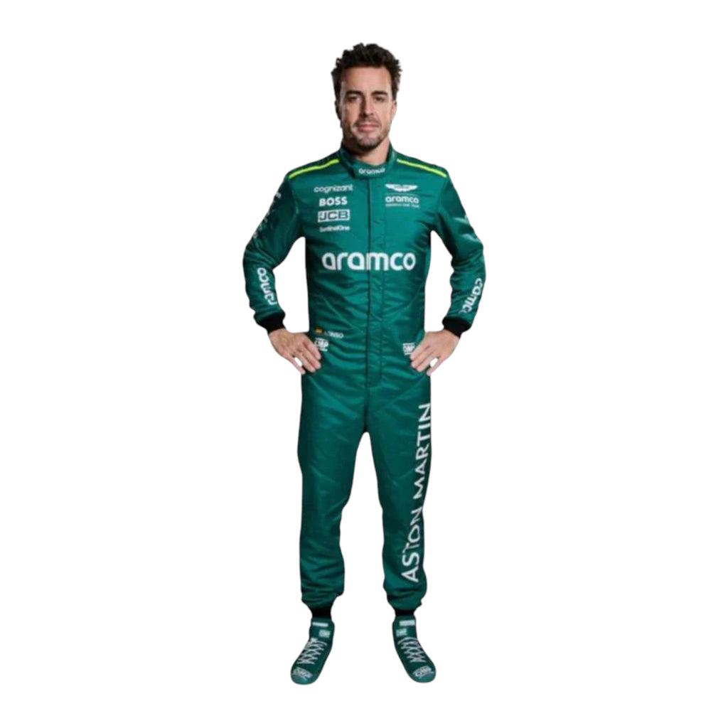 Fernando Alonso 2024 Aston Martin F1 race suit in racing green with lime accents and detailed sponsor branding