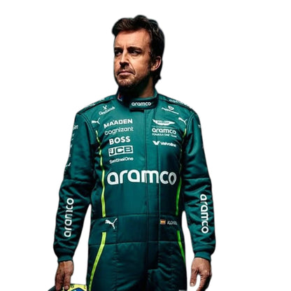 Fernando Alonso 2025 Aston Martin F1 race suit in green with sponsor branding