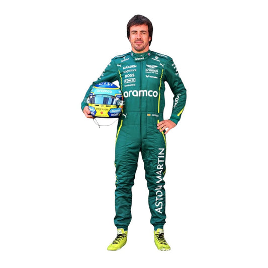 Fernando Alonso 2025 Aston Martin F1 race suit in green with sponsor branding