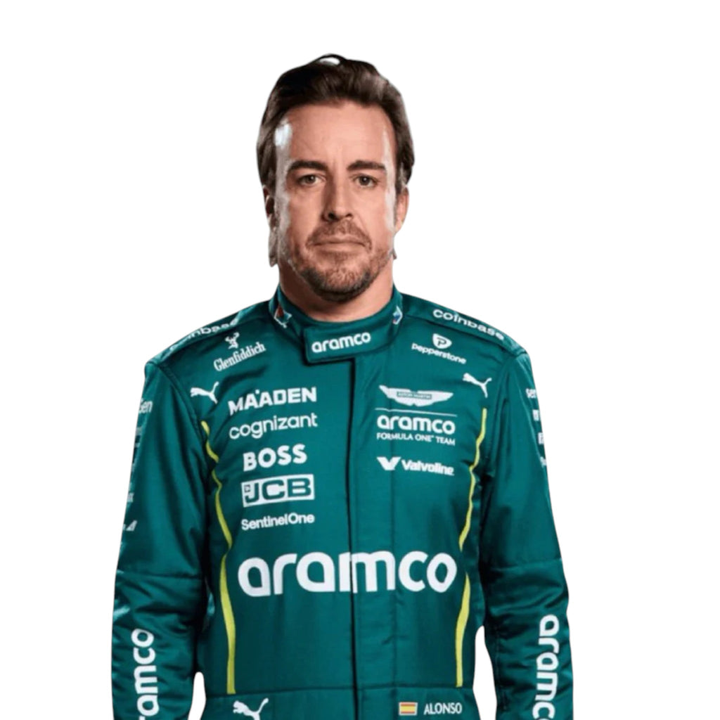 Fernando Alonso 2025 Aston Martin F1 race suit in green with sponsor branding