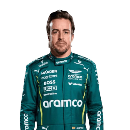 Fernando Alonso 2025 Aston Martin F1 race suit in green with sponsor branding