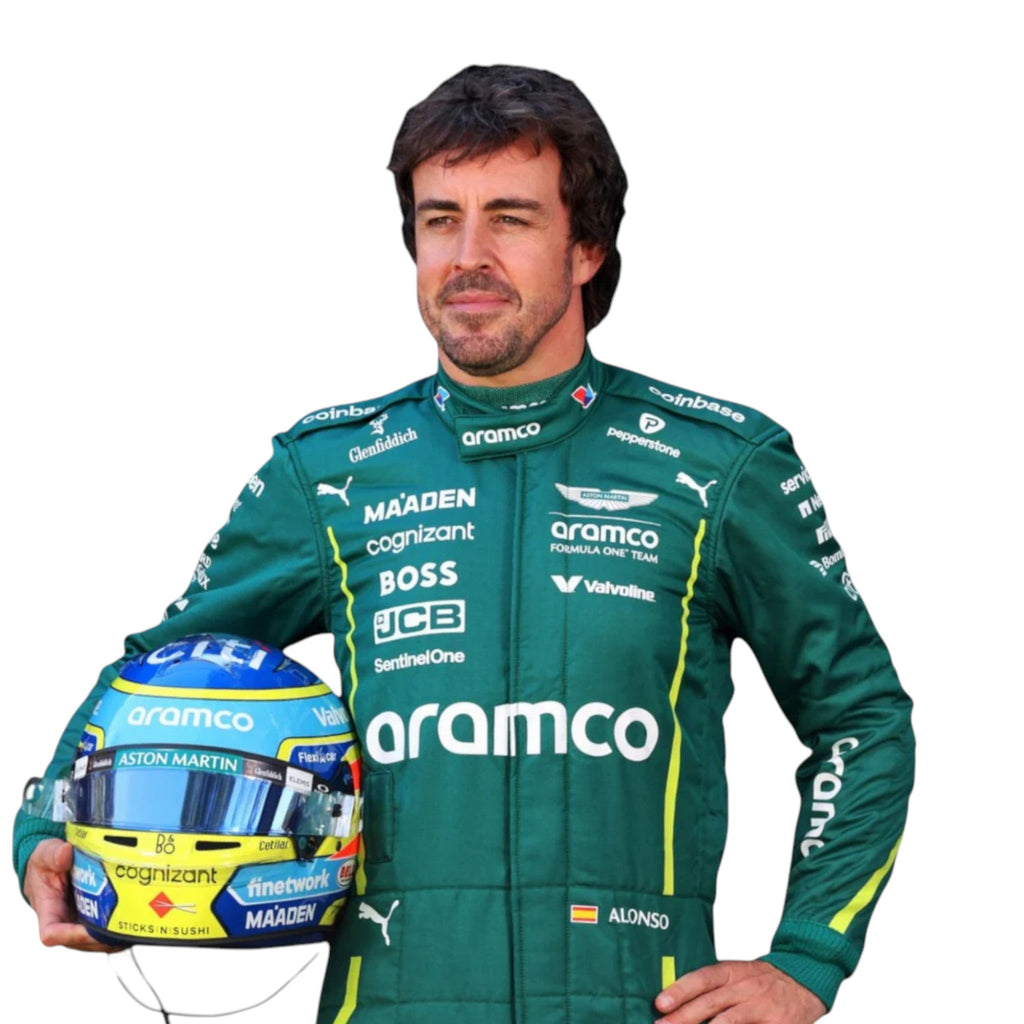 Fernando Alonso 2025 Aston Martin F1 race suit in green with sponsor branding