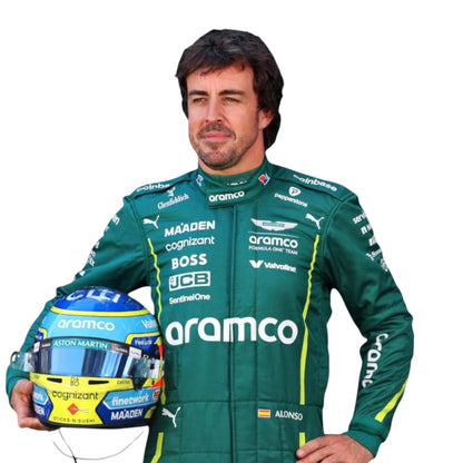 Fernando Alonso 2025 Aston Martin F1 race suit in green with sponsor branding