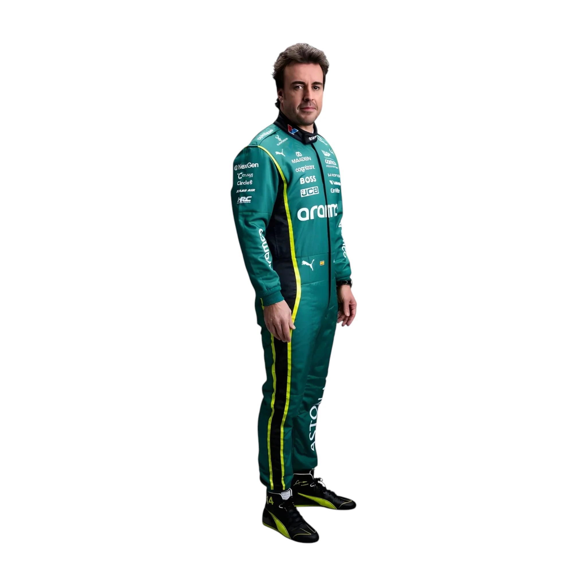 Fernando Alonso 2026 Aston Martin F1 race suit in British racing green with lime accents and sponsor logos