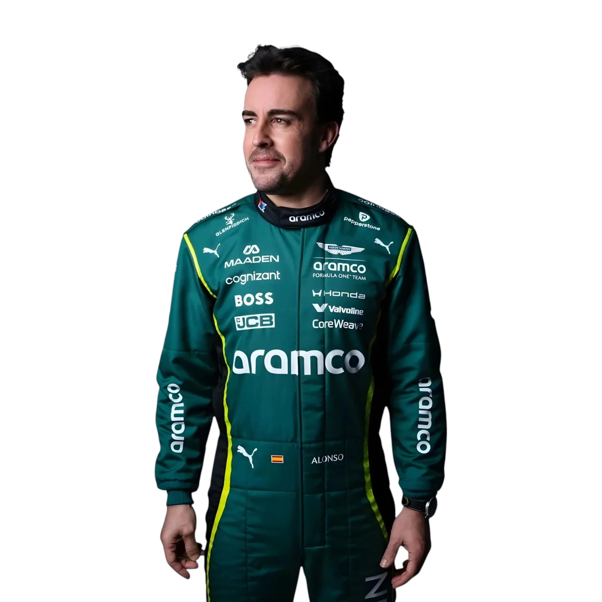 Fernando Alonso 2026 Aston Martin F1 race suit in British racing green with lime accents and sponsor logos