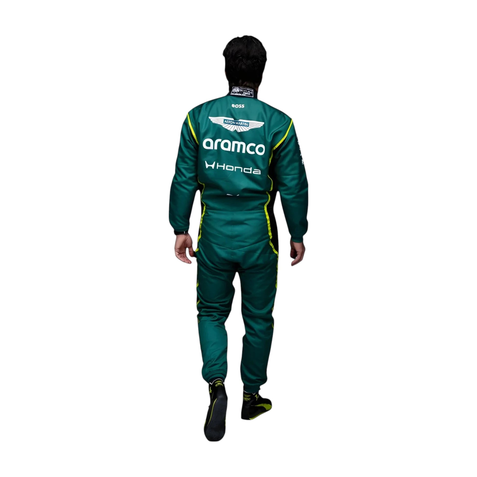 Fernando Alonso 2026 Aston Martin F1 race suit in British racing green with lime accents and sponsor logos