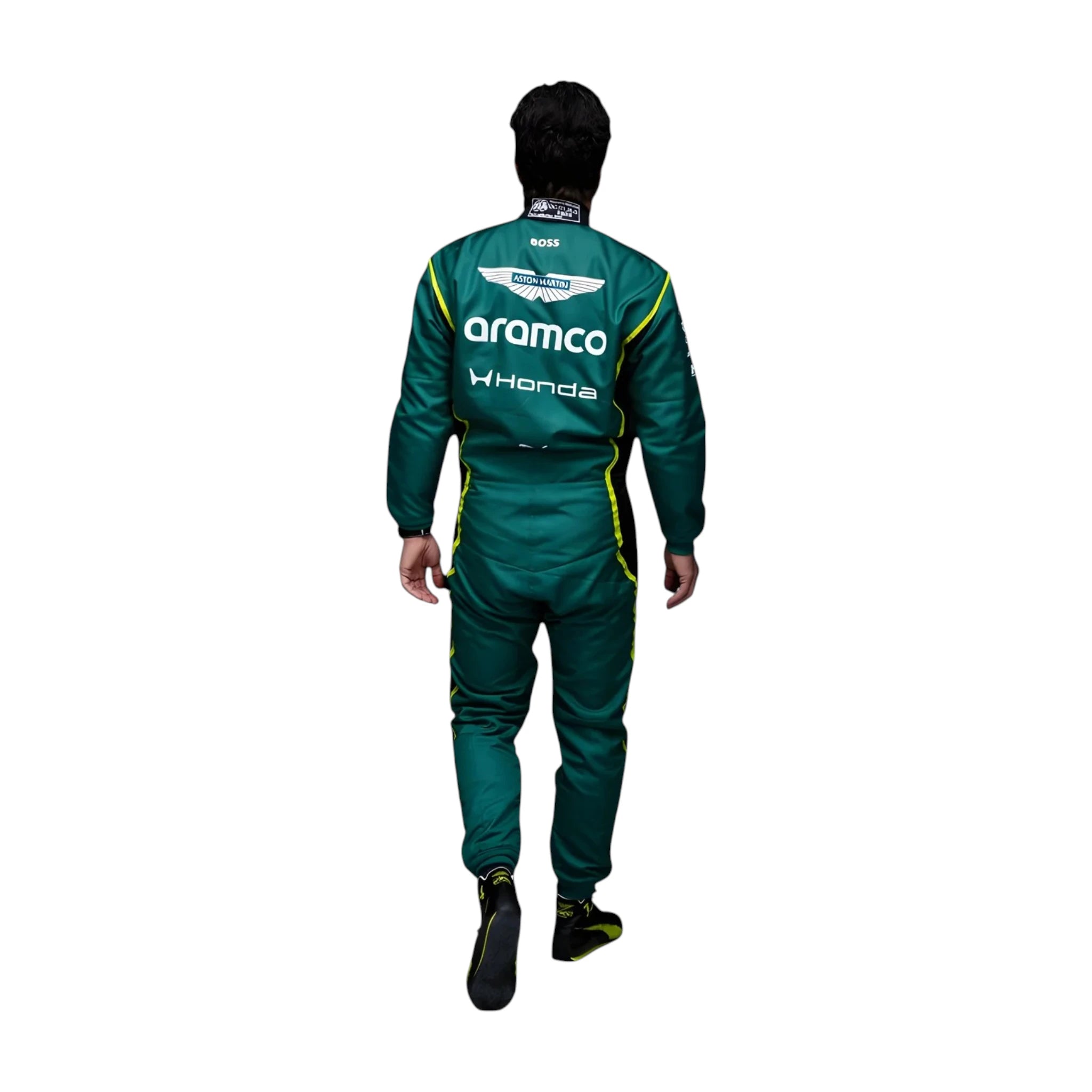 Fernando Alonso 2026 Aston Martin F1 race suit in British racing green with lime accents and sponsor logos