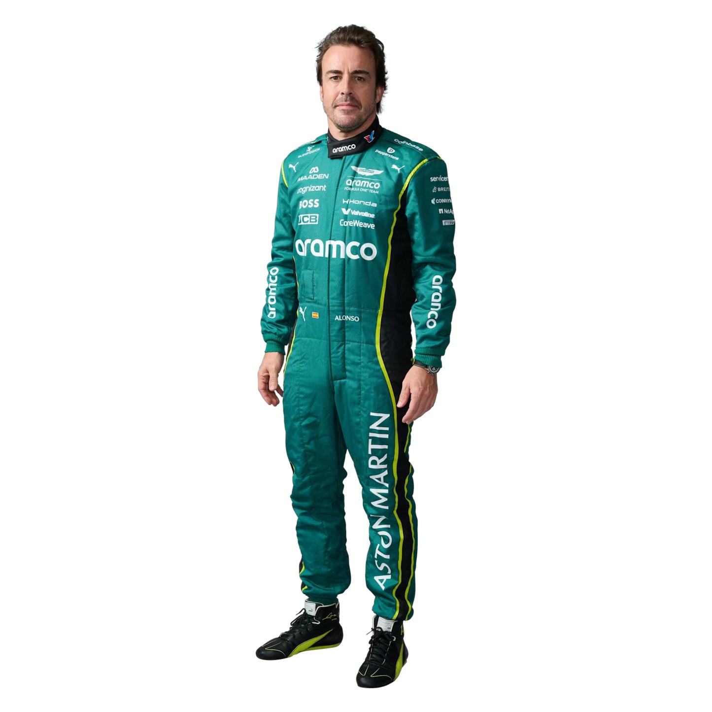 Fernando Alonso 2026 Aston Martin F1 race suit in British racing green with lime accents and sponsor logos