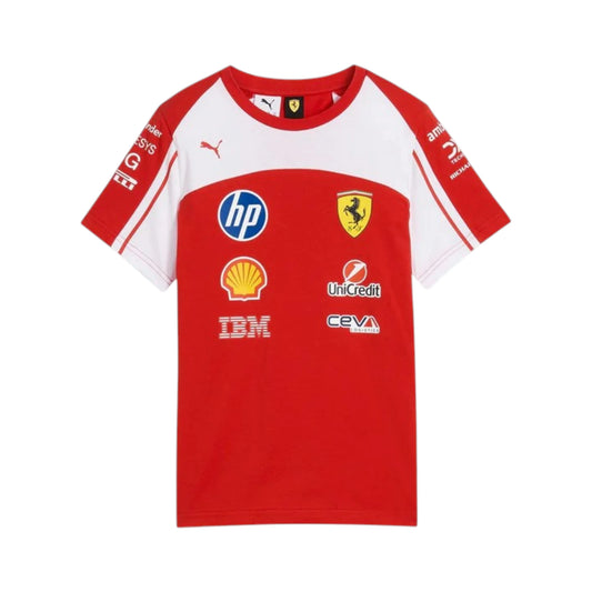 Formula 1 2025 Ferrari Racing T-Shirt in red and white featuring Ferrari team graphics, sponsor logos, and short sleeve premium cotton design