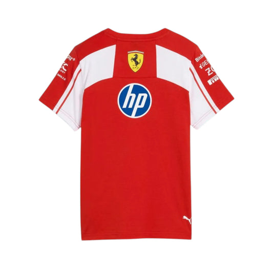 Formula 1 2025 Ferrari Racing T-Shirt in red and white featuring Ferrari team graphics, sponsor logos, and short sleeve premium cotton design