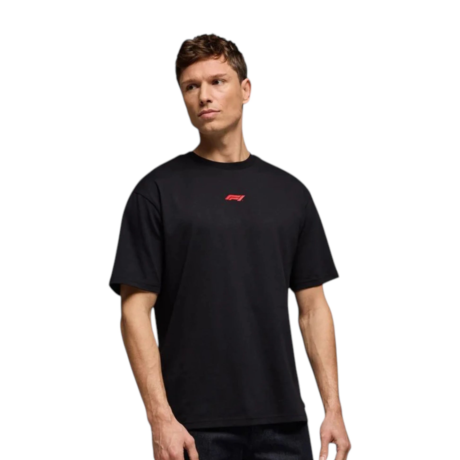 Formula 1 2026 Essentials T-Shirt in black featuring a minimalist white F1 logo on the chest