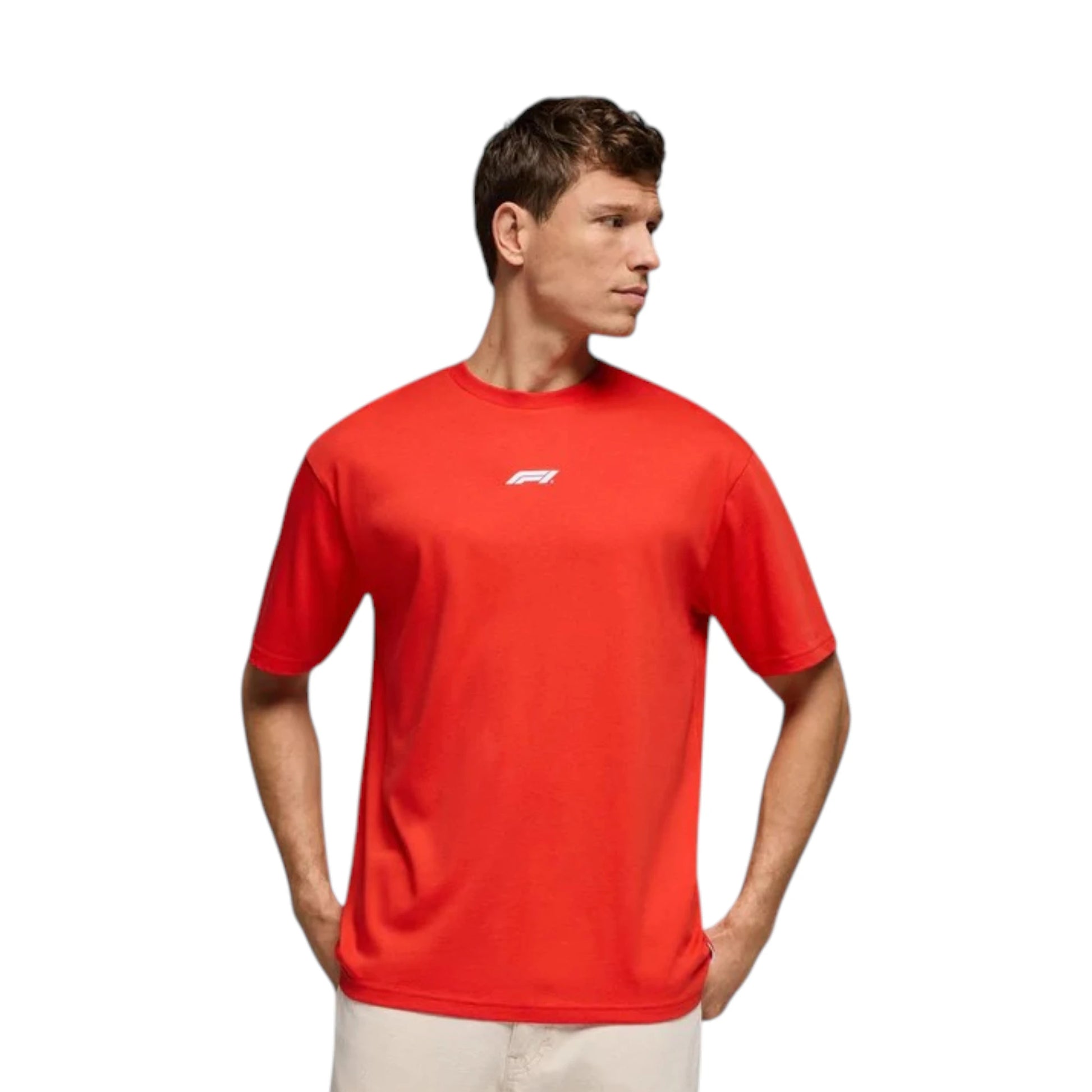 Formula 1 2026 Essentials T-Shirt in red featuring a minimalist white F1 logo on the chest