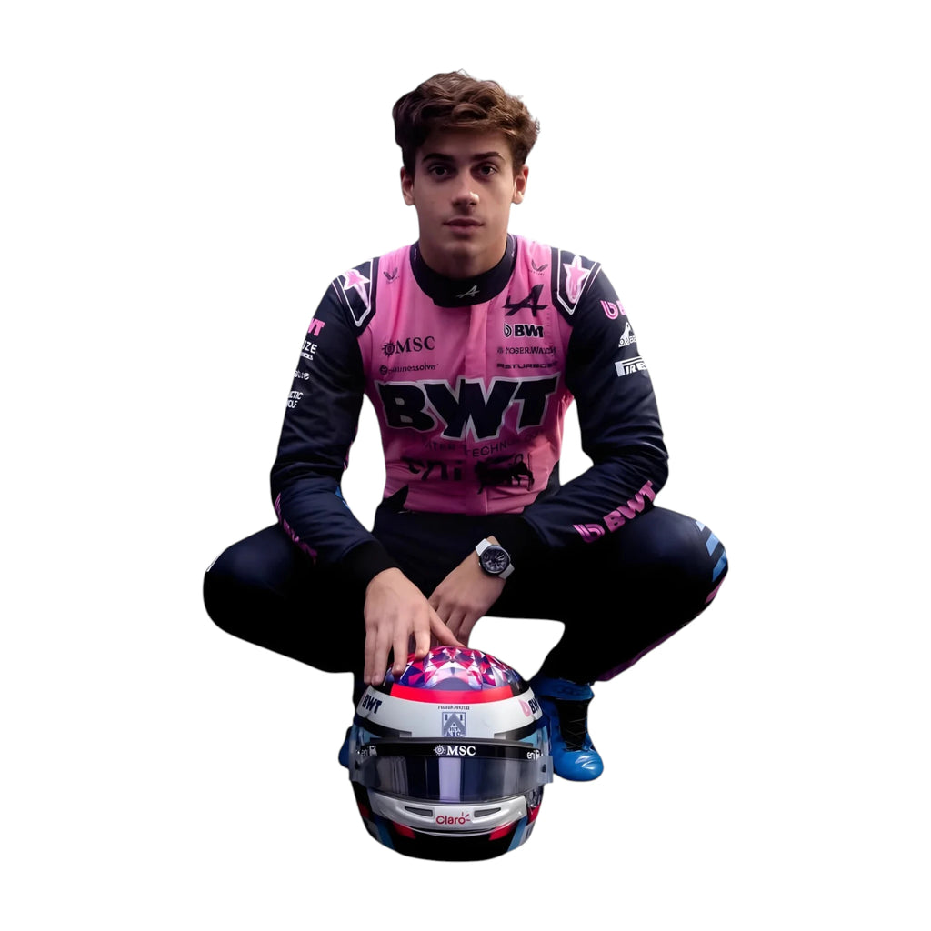 Franco Colapinto 2026 Alpine F1 race suit in blue and pink with sponsor logos
