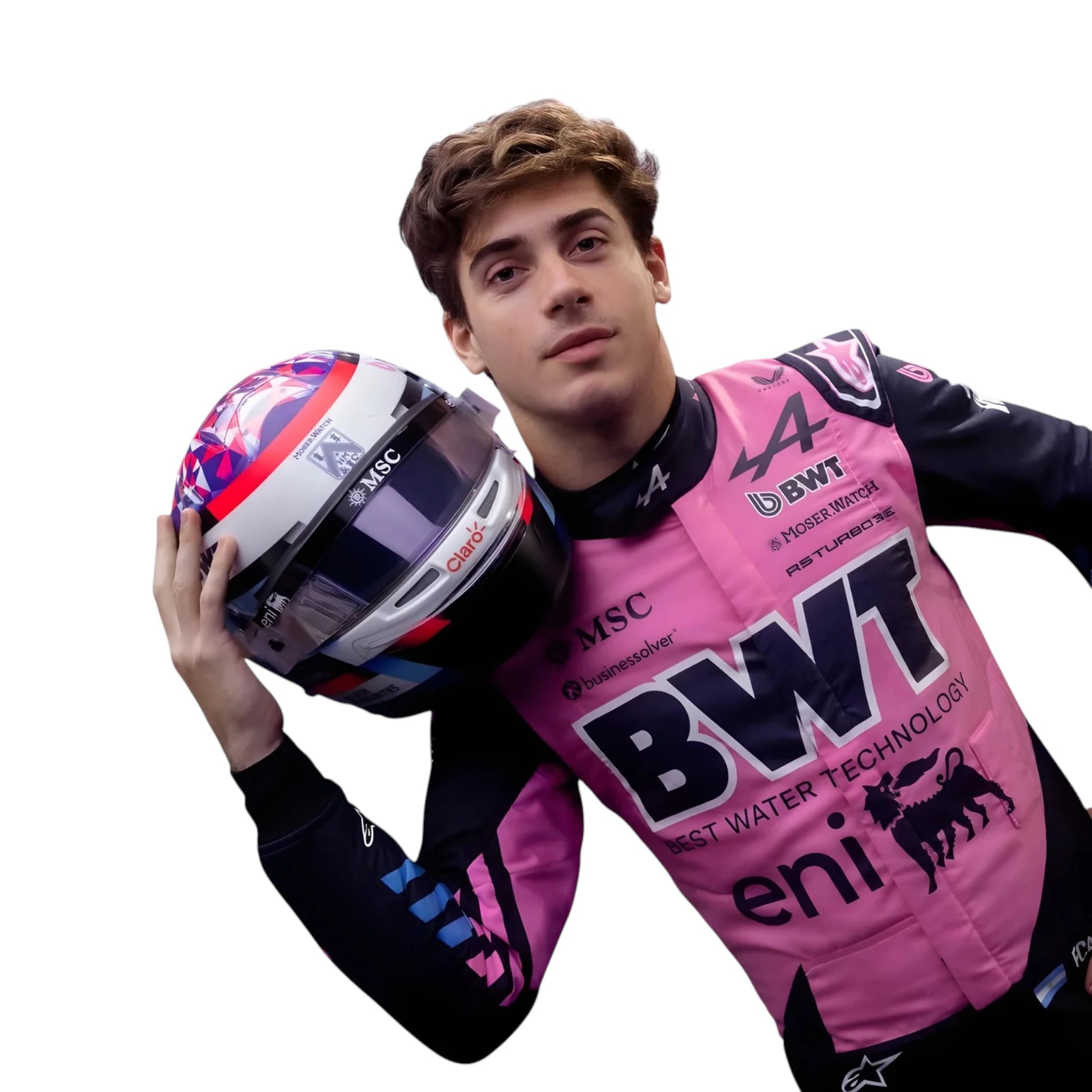 Franco Colapinto 2026 Alpine F1 race suit in blue and pink with sponsor logos