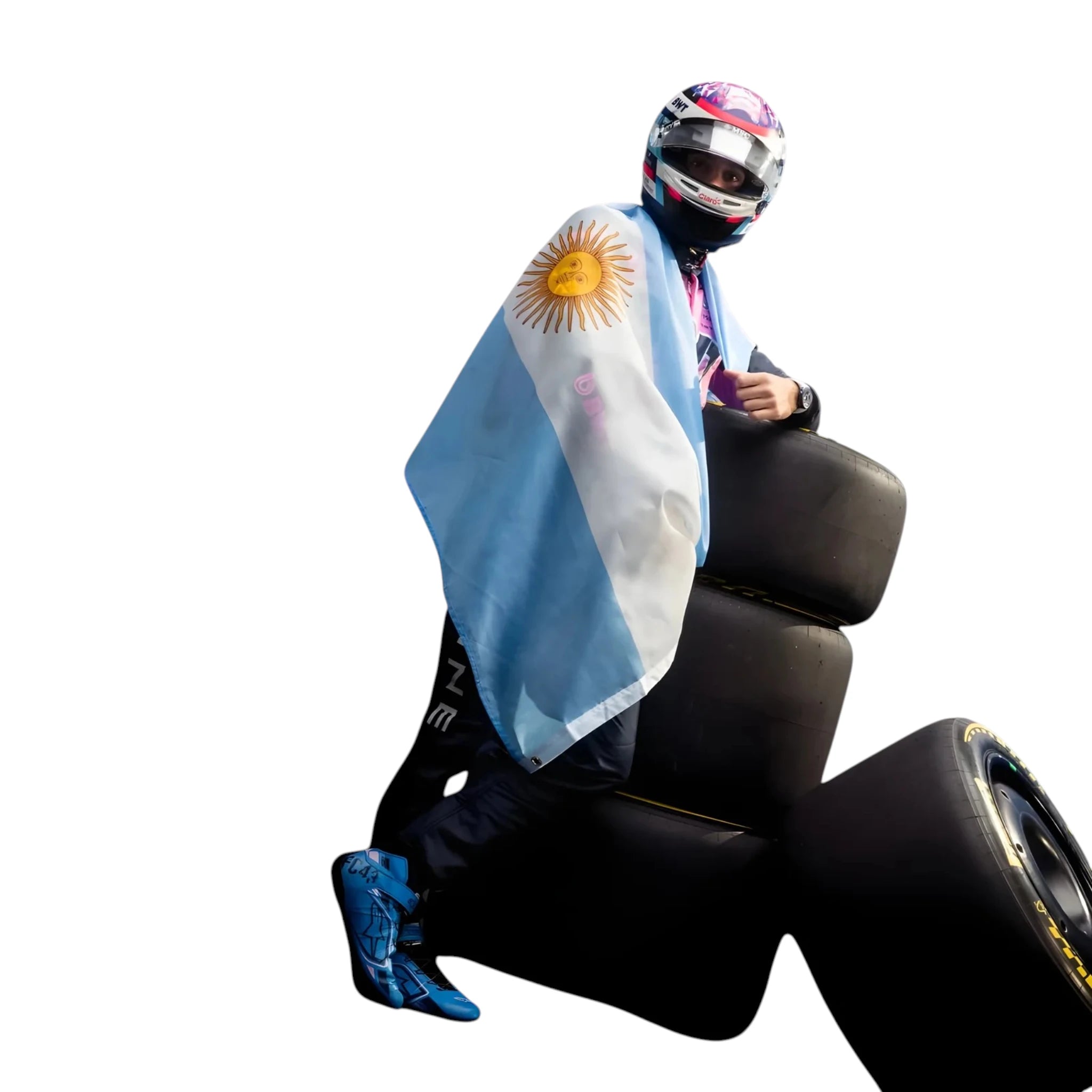 Franco Colapinto 2026 Alpine F1 race suit in blue and pink with sponsor logos