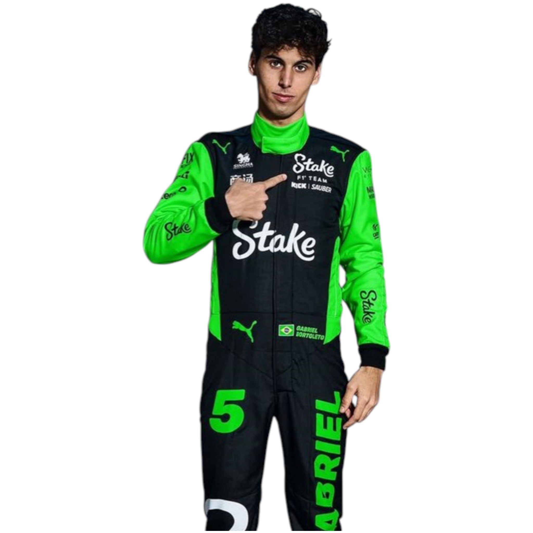 2025 Kick Sauber Formula 1 replica race suit in green and black inspired by Gabriel Bortoleto with sponsor detailing