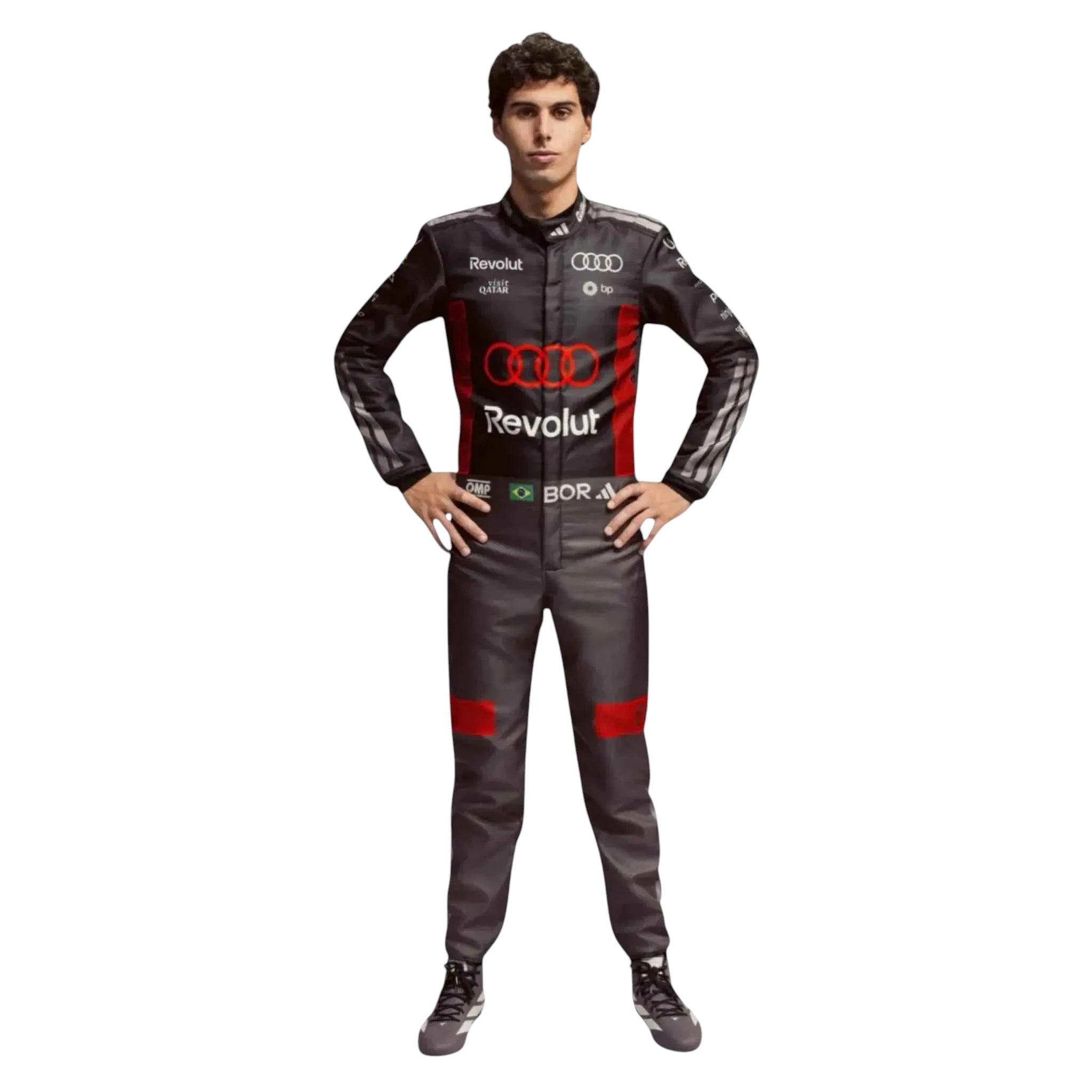 Gabriel Bortoleto 2026 Audi F1 race suit in black with red accents and sponsor logos