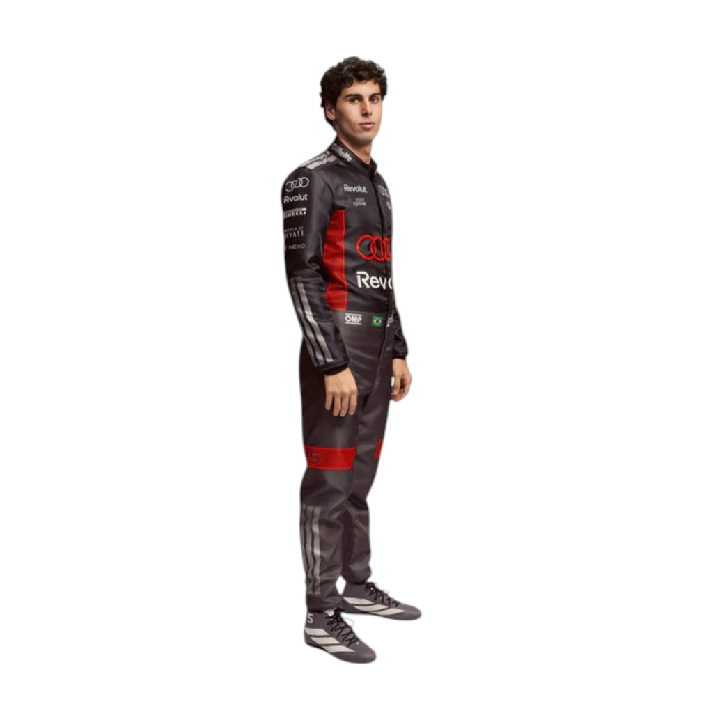 Gabriel Bortoleto 2026 Audi F1 race suit in black with red accents and sponsor logos
